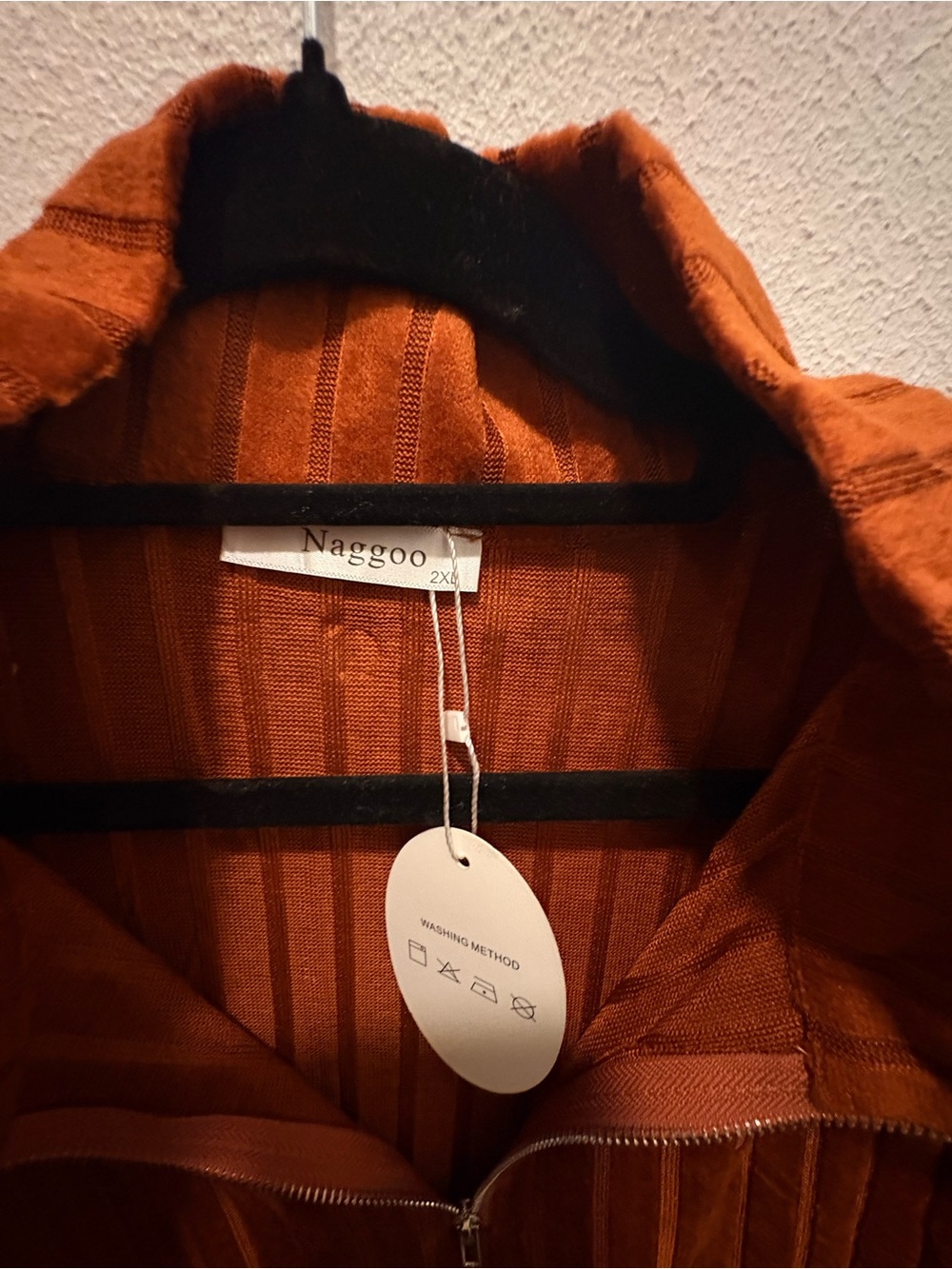 Long-Sleeve Ribbed Zip-Front Dress in Rust - Picture 3 of 3